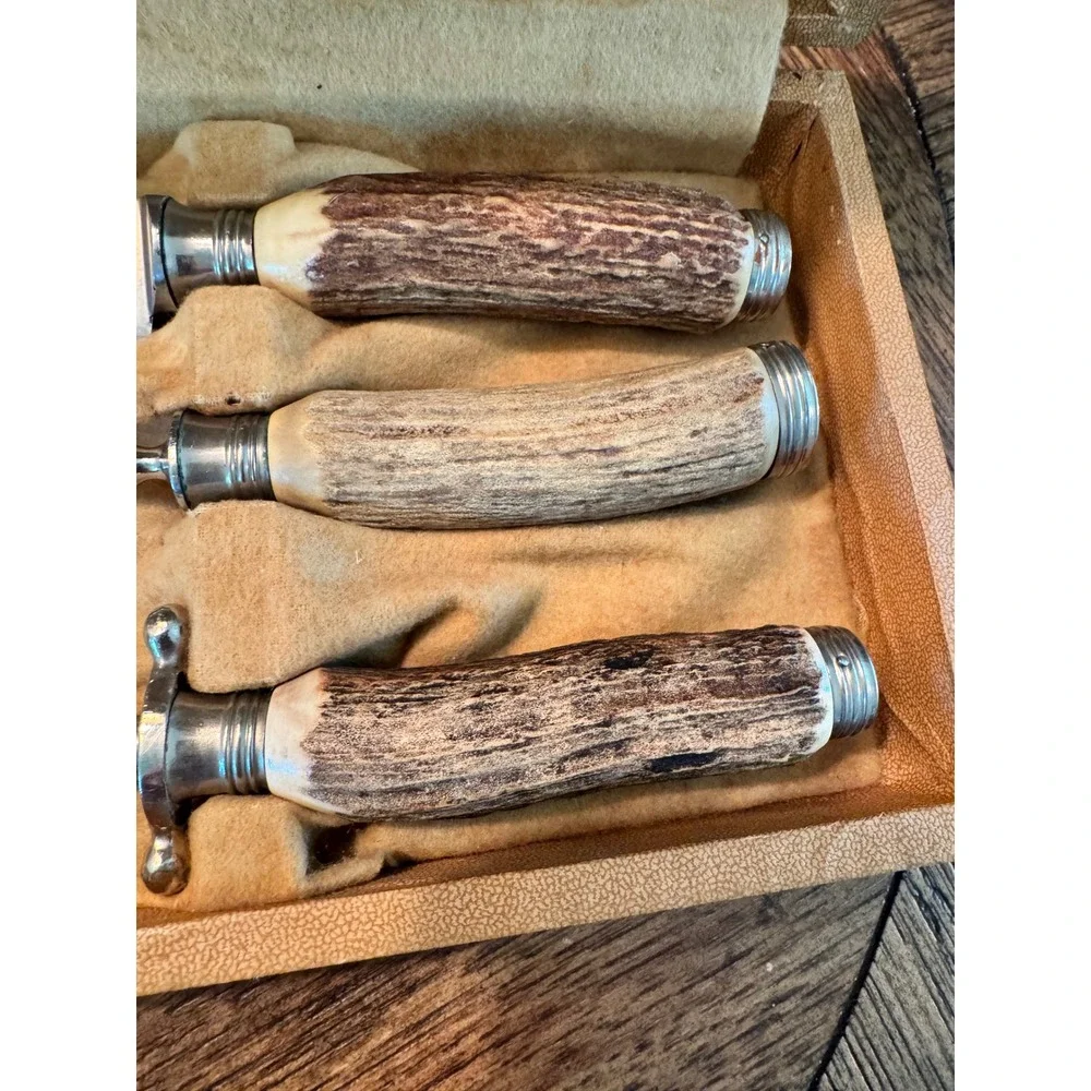 Robeson Continental Vintage Carving Set Stag Horn Handles Germany 3 Piece Etched